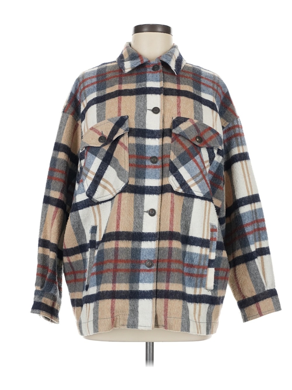 Zara Plaid Utility Shacket Jacket - Cream, Tan & Blue